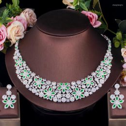 Ensembles de bijoux de mariage ThreeGraces élégant vert cubique zircone couleur argent luxe grande fleur collier de mariée ensemble pour les mariées TZ549