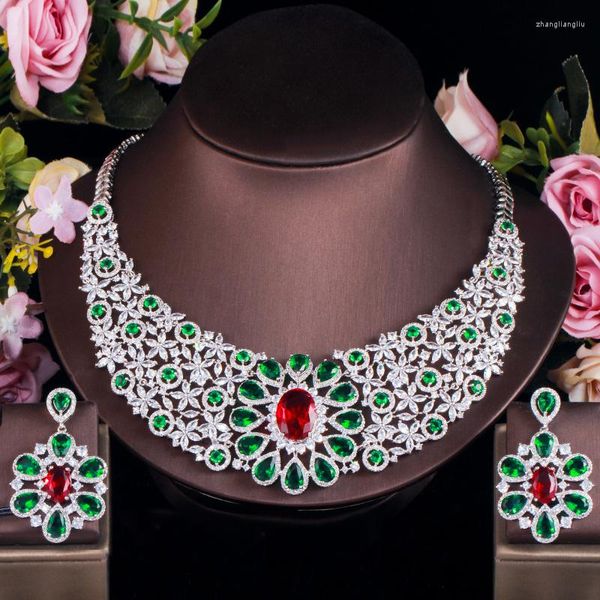 Ensembles de bijoux de mariage ThreeGraces luxe rouge vert zircon cubique grande fleur collier et boucles d'oreilles bal de mariée pour les mariées TZ547