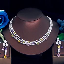 Ensembles de bijoux de mariage ThreeGraces brillant coloré zircon cubique 3 rangées multicouche mariée collier ras du cou boucles d'oreilles ensemble pour femmes TZ784 230804