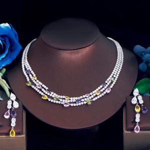 Bruiloft sieraden sets drie graden glanzende kleurrijke kubieke zirkonia 3 rijen multi -lagen bruids bruidsketting oorbellen oorbellen sieraden set voor vrouwen tz784 230217