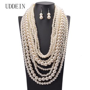 Ensembles de bijoux de mariage UDDEIN Multilayer Big Chunky Pearl Necklace Boucles d'oreilles Set Ethnic Customs Boho Beads Collar Accessoires de mariée 230717