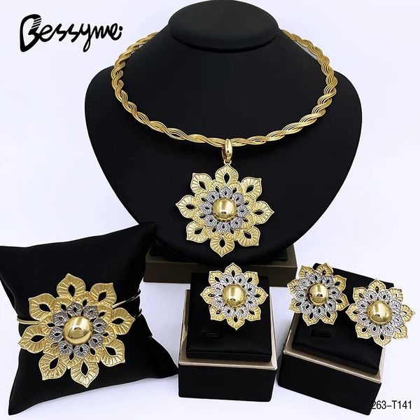 Ensembles de bijoux de mariage uniques italiens plaqués or 18 carats, pendentif fleur, collier bicolore pour femmes, accessoires de fête 231130