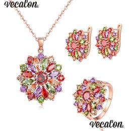 Bijoux de mariage Ensembles Vecalon Nouveau style mutille de style fleur 5a Zircon CZ Collier rempli d'oreille en or rose ensemble pour femmes2758367 Dhjwj