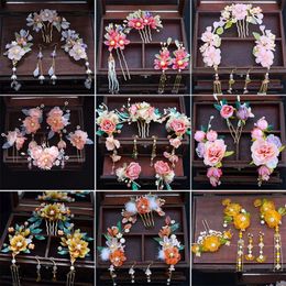 Wedding Jewelry Sets Vintage Hair Stick Earring Chinese For Women Floral Tassel Pearl Clip Hairpin Fairy Tiaras Accessories Drop Deli Dhqoy
