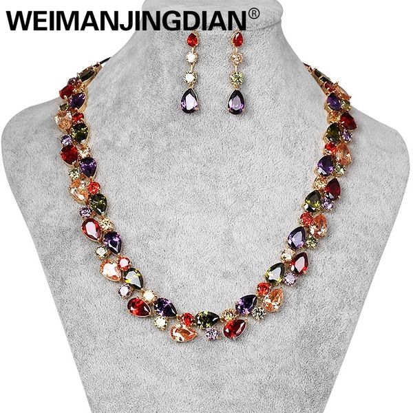 Conjuntos de joyería de boda Marca WEIMANJINGDIAN Colorido Cubic Zirconia Crystal Mona Lisa Collar Pendiente Boda de lujo Conjunto de joyería nupcial Chapado en oro 230906