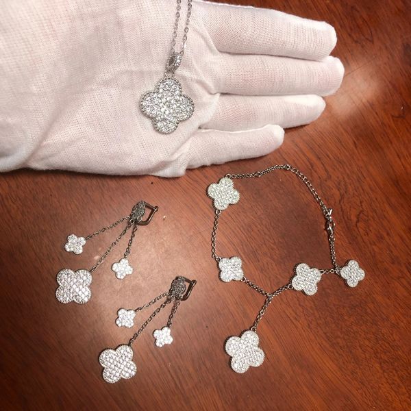 Ensembles de bijoux de mariage en gros quatre feuilles fleur pendentif long ensemble collier bracelet boucle d'oreille de luxe fin 925 en argent sterling 231101