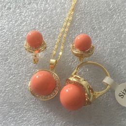 Ensembles de bijoux de mariage ensemble de bijoux en gros 18KGP12-14mm coquille orange perle anneau pendentif boucle d'oreille jade 231115