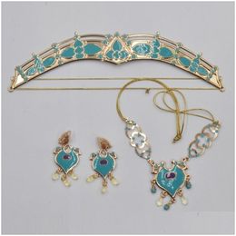 Conjuntos de joyería de boda Mujeres Jasmine Royal Crown Diadema Pendientes Colgante Collar Set Teal Dress Up Princess Adts Kit de disfraces para niños Dr DH4AW