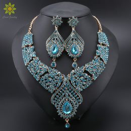 Ensembles de bijoux de mariage Femmes de luxe bleu cristal boucles d'oreilles collier de mariée ensemble de bijoux de mariage élégant mariée fête bal Costume robe accessoires cadeaux 230320