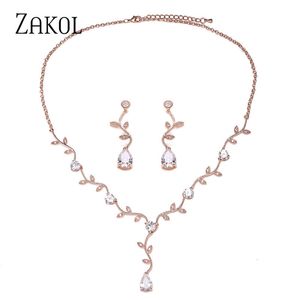 Ensembles de bijoux de mariage ZAKOL Classique Or Rose Couleur Cubique Zircone Cristal Ensembles de Bijoux de Mariée Forme de Feuille Boucles d'Oreilles Tour de Cou Robe de Mariée pour les Femmes 230518