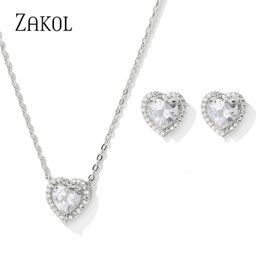 Ensembles de bijoux de mariage ZAKOL mode coeur ensemble de mariée pour les femmes brillant cubique zircone boucles d'oreilles collier cadeaux SP3348 230909