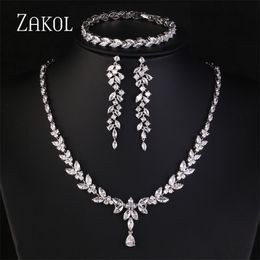 Bruiloft Sieraden Sets Zakol Luxe Zirconia Ketting Oorbellen Ringen Set Voor Vrouwen Glanzend Water Drop Leaf Cz Bruids 230627