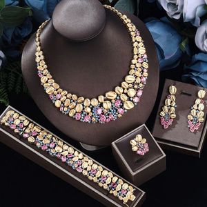 Ensembles de bijoux de mariage Zlxgirl bijoux mode Dubai plaqué or coloré CZ zircon ensemble de mariée collier bracelet boucle d'oreille anneau quatre pc sac gratuit 231123