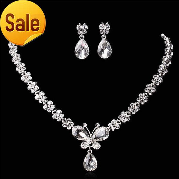 Bijoux de mariage Brillant Nouveau Pas Cher 2 Ensembles Strass Bijoux De Mariée Accessoires Cristaux Collier et Boucles D'oreilles pour Prom Pageant Party XM001