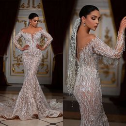 Wedding Lange Jurken Mouwen Prachtige Bateau Mermaid Shining Aanvragers Kralen kralen Tassels Court Custom Made Plus Size Bridal Jurk Vestidos de novia