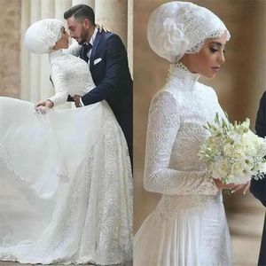 Bruiloft lange mouwen met moslim 2021 jurken bruidsjurk kanten chiffon hoge nek sweep trein op maat gemaakte plus size strand landvestido de novia