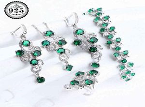 Bruiloft luxe 925 zilveren bruids sieraden sets voor dames kostuum sieraden groen cz armband ring oorbellen ketting hangers set H2209079836