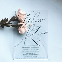 Cartes d'invitation de fiançailles de mariage de mariage impression fantaisie personnalisée mots noir blanc dentelle carte acrylique transparente modèle 220707