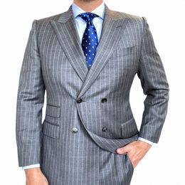 Traje de boda para hombre Conjuntos de chaqueta de rayas grises Doble botonadura Slim Fit Custome Homme Caballero Elegante Esmoquin 2 piezas Chaqueta + Pantalones Y7OC #