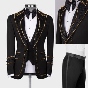 Bruiloft herenpakken Design Gold Beads Peaked Rapel Tuxedos Formele slanke fit bruidegom slijtage 2 stuks jas en broek