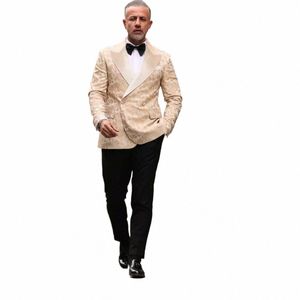 Costumes de mariage pour hommes Slim Fit 2 pièces Jacquard d'or à double boutonnage personnalisé de grande taille élégant Dr Gentleman Costume Blazer ensembles Y5Xz #