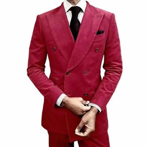 Bruiloft Heren Pak Rood Corduroy Slim Fit Blazer Sets Aangepaste kleur Plus Size Met Elegante Dr Mannelijke Gentleman Kostuum Tuxedos 2Pc N2l8#