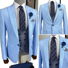 Traje para hombre de boda Sky Blue Blazer Sets Slim One Butt 3 piezas Custome Homme Tuxedo Gentleman Elegant Dr Jacket + Pants + Vest 05mN #