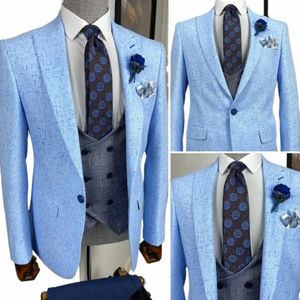 Bruiloft Heren Pak Hemelsblauw Blazer Sets Slanke Een Butt 3 Stuks Custome Homme Tuxedo Gentleman Elegante Dr Jas + broek + Vest 05mN #