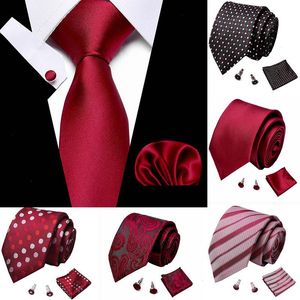 Bruiloft heren tie zakdoek manchethoop stropdas set jacquard geweven 7,5 cm zijden rode soild accessoires boog