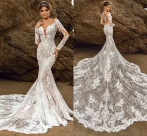 Robes de sirène de mariage Lace Deep V-Neck Neckline Full Sleeves Chapel Train Plus taille de robe de mariée Vestidos de