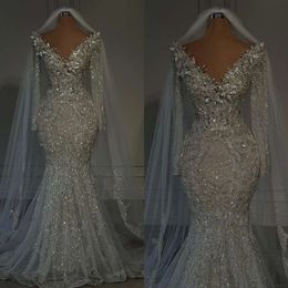 Mariage Sirène magnifique tableau de robe V per perle perle en dentelle longue Illusion Robes de mariée robes de mariée