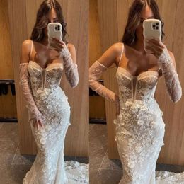 Wedding Mermaid Spaghetti Lace Berta Jurken Jurken Sweep Train Floral Appliques Sequins Bruidsjurken