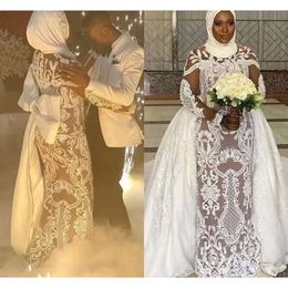 Bruiloft moslim zeemeermin plus size jurken bruidsjurk met afneembare trein satijnen boog kanten applique lange mouwen op maat gemaakte ontwerper Afrikaans vestido de