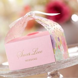 Bruiloft Party Candy Box met Lint Roze Romantische Bruiloft Gunst Decoratie Floral Laser Cut Sweet Love Wedding Chocolate Doos