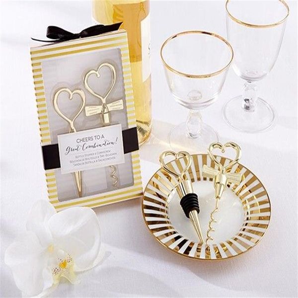 Presentes e brindes para festa de casamento para convidados - Felicidades para uma ótima combinação Conjunto de vinho dourado lembrança de casamento 50 conjuntos lote2766