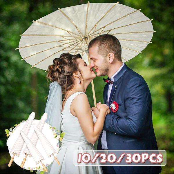 Mariage Favor Paper Parasol Bamboo Umbrella 6/10 White Chinese Paper Umbrella Bridal Shower Centropiece Po Prop 60 / 80cm 240329