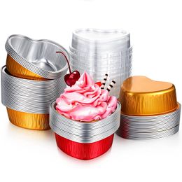 Bruiloft Party Levering 100 ML Hartvormige Cakepan Aluminium Folie Cupcake Cup met Deksels Flan Bakken Pannen Moederdag Pudding Cup Cake Tools