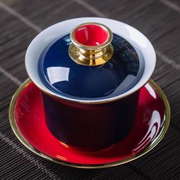 Mariage rouge Gaiwan ligne d'or soupière à thé en céramique porcelaine grand bol à thé verres pour la décoration de la maison 261I