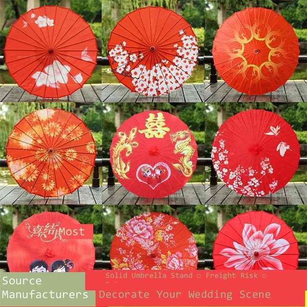 Paraguas de papel engrasado rojo de boda Hanfu mujer estilo chino seda decoración Parasol Paraguas Sombrilla 210721
