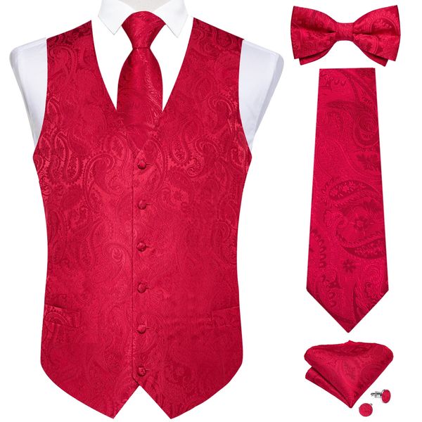 Mariage rouge robe mince hommes gilet mode affaires smoking homme gilet cravate Paisley pré-attaché noeud papillon poche boutons de manchette carrés 240301