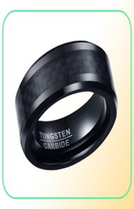 Trouwring afgeschuinde rand 8mm Comfort Fit Mens Black Tungsten Carbide Weeding Band Ring met zwarte koolstofvezel9416509