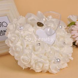 Almohada de anillo de bodas con caja de corazón Cojín en forma de corazón floral Matrimonio Proveedores creativos Decoración Alta calidad 229w