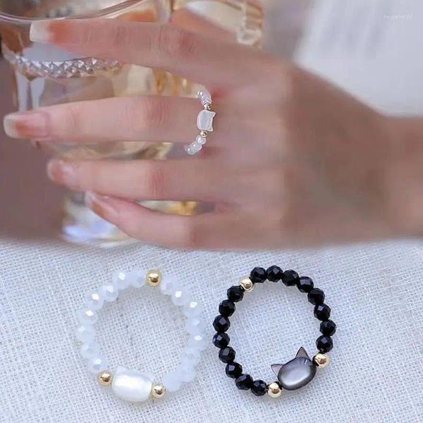 Anneaux de mariage 1/2pcs Pierre de lune naturelle Perles d'obsidienne Fidget Bague à la main Mignon Noir Blanc Chat Femmes Accessoires de fête Bijoux