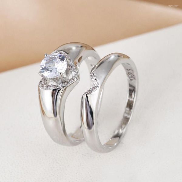 Anneaux de mariage 1 paire Chic strass intégré amour coeur couple bague couleur or/argent élégant bijoux de mode