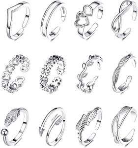 Anneaux de mariage 12 pièces anneaux d'orteil réglables pour femmes en acier inoxydable bande de fleur anneau de queue ouverte femmes été plage pied ensemble de bijoux 231102