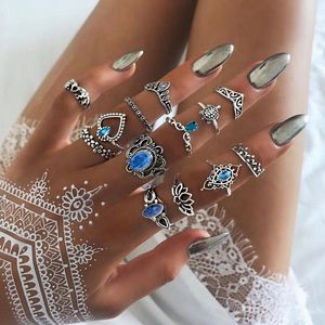 Anillos de boda 13 unids/set Retro medio conjunto de anillos para nudillos para mujer cristal geométrico hueco Lotus dedo moda joyería Bohemia al por mayor