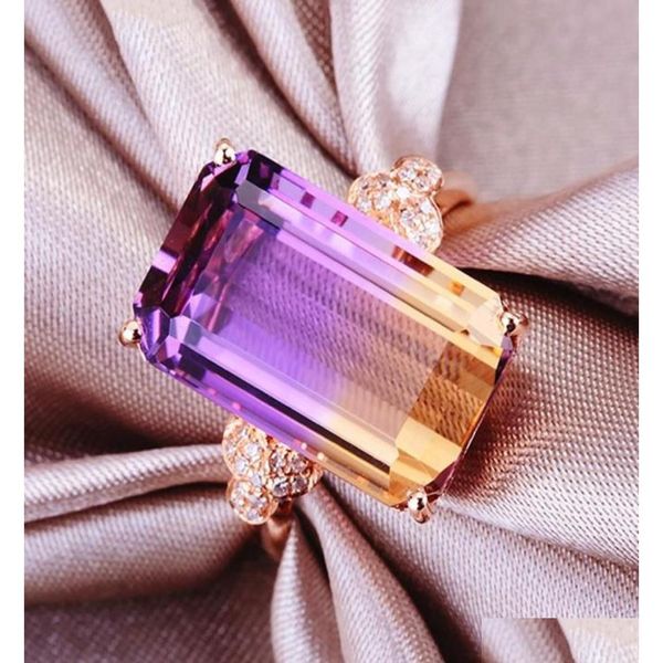 Anillos de boda Gémicos de color de oro rosa de 14k para mujeres Citrine Amethyst Crystal Zircon Diamonds Cóctel de lujo Bague Bague G Dhjj7