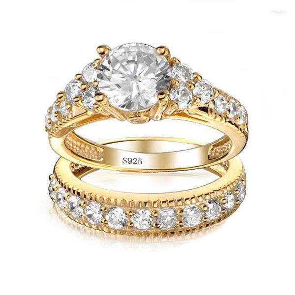 Anneaux de mariage 14K Or Jaune 2.0 Carat Zircone Diamant Pour Les Femmes De Luxe Bijoux De Fiançailles Réel Tibétain Argent 925 Bandes Ensemble Rita22