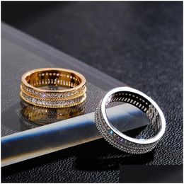 Anneaux de mariage Plaqué or 18 carats Anneaux de mariage Bijoux 5 mm de largeur Mode Bling Zircon cubique Cuivre Hommes Femmes Egagement Party Band Gif Dhxqv