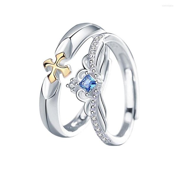 Anneaux de mariage 1 paire or croix bouclier bleu cristal réglable Couple anneau cuivre plaqué platine chevauchement ouverture doigt bijoux
